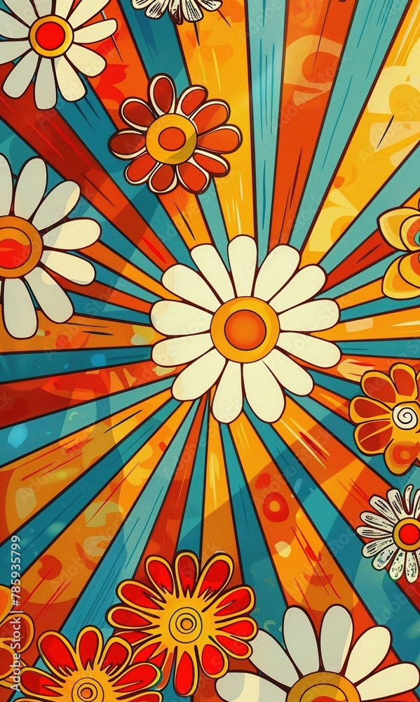groovy retro wallpaper flowers and rays of the sun in classic comic style