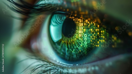 A close-up of an eye with binary code reflected in the pupil, symbolizing the connection between human and machine.
