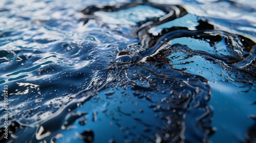 A close-up of an oil spill on water, the black slick spreading across the vibrant blue surface, showcasing the devastating impact of oil pollution on marine life.