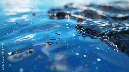 A close-up of an oil spill on water, the black slick spreading across the vibrant blue surface, showcasing the devastating impact of oil pollution on marine life. photo
