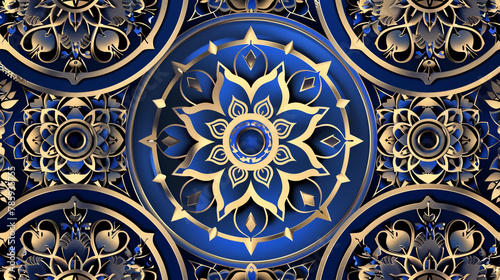 Royal blue and gold mandala, round deco shapes for luxurious branding or events.