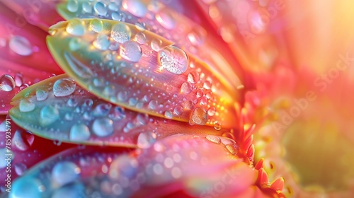A close-up of colorful flower petals, slightly open to reveal dewdrops glistening inside. Abstract the background with a soft blur.