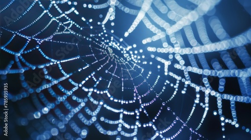A close-up of a spiderweb glistening with morning dew. Delicate strands of the web are illuminated by the sunlight, with a single spider perched in the center.
