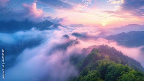 The top of a sea of       clouds from a mountain range at sunrise