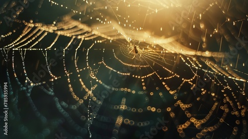 A close-up of a spiderweb glistening with morning dew. Delicate strands of the web are illuminated by the sunlight, with a single spider perched in the center.