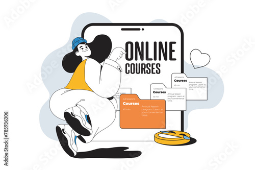 Online courses outline web modern concept in flat line design. Woman studying at virtual educational platform with video lessons. Vector illustration for social media banner, marketing material.