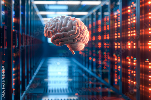 Human brain AI concept amidst high tech server room at illuminated data center.