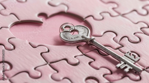 A silver key laying on a nearly complete puzzle, heartshaped void awaiting its piece on a soft pink backdrop