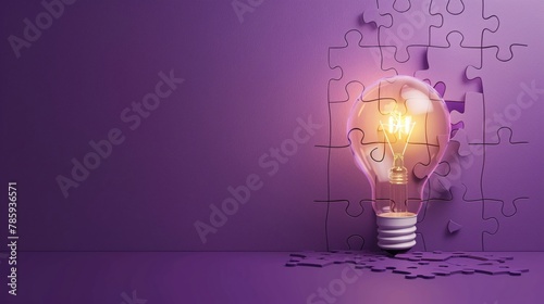 A single puzzle piece floating into place to complete a glowing light bulb, epitome of innovation, on a purple background