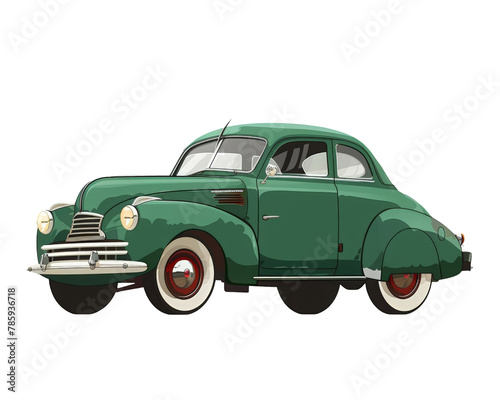 Retro car, side view, isolated on transparent background. Classic green vintage automobile PNG illustration. For banner, collectors, posters, card.