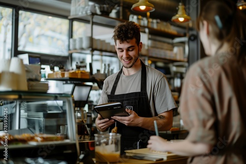 young man in a coffee shop stands behind the cashier counter speaking with a customer holding a tablet