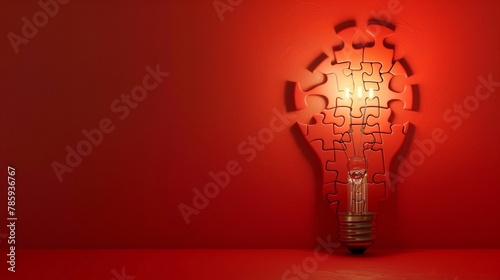 An almost complete light bulb puzzle casting a bright light, missing piece symbolizing the search for ideas, on red