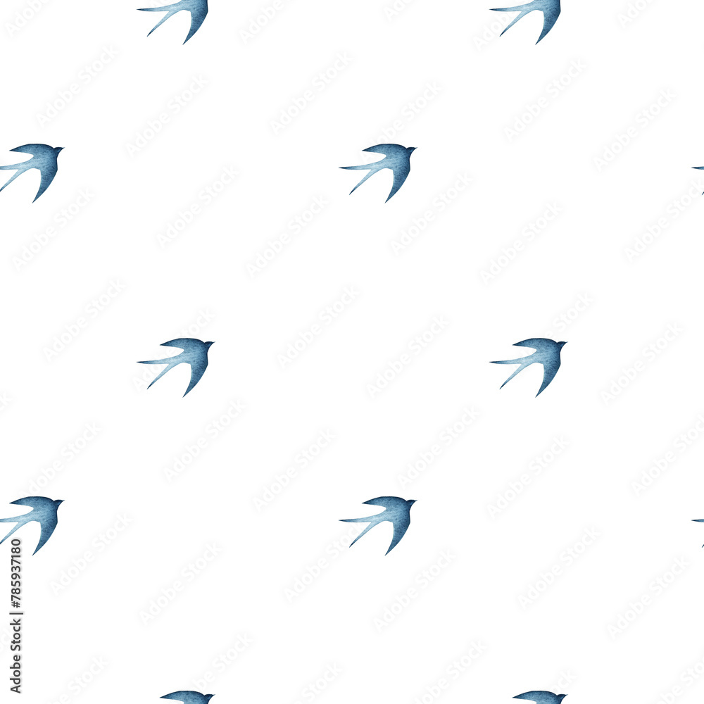 Fototapeta premium Swallow, martlet, seamless pattern, background. Clear white sky. Barn swallow flying, wings spread. Hirundo rustica on white background. Wildlife. Tattoo design, watercolor art, bird set, wild animals