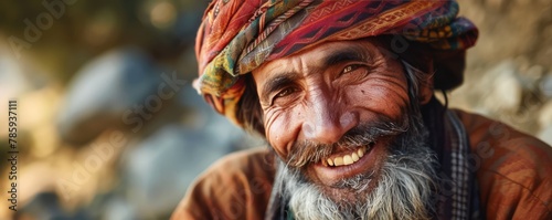 portrait of an elder man with a kind expression and deep wrinkles, bathed in golden sunlight