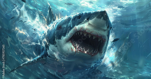 A great white shark  seen from the front underwater in clear blue water with waves behind it  mouth open and sharp teeth visible  showcasing its power and majesty