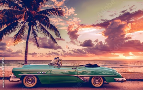 A retro car on the background of an evening beach among palm trees. Retro poster with a vintage car on the background of a tropical beach. The concept of a summer beach holiday. for postcard, banner.