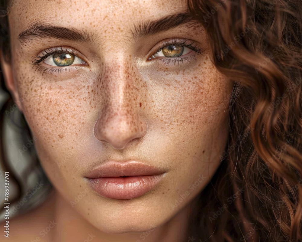Fototapeta premium Portrait of young woman with dark skin and freckles. The fashion for freckles. Natural beauty is a concept.