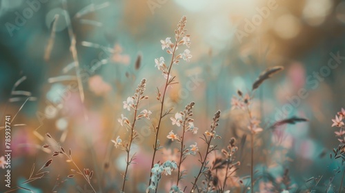 A field of wildflowers swaying gently in the breeze. Focus on the intricate details of a single flower, with the rest of the field blurred in the background.