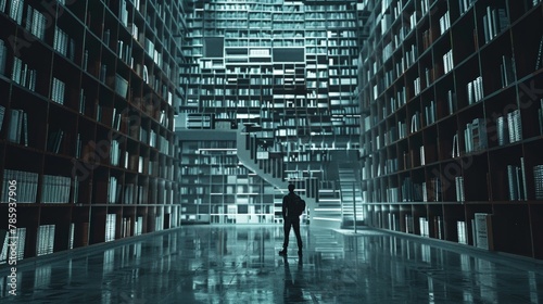 A digital library with towering shelves of data storage units, accessed by a lone figure searching for information.