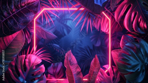 A colorful hexagon frame design featuring an abstract neon background with tropical leaves