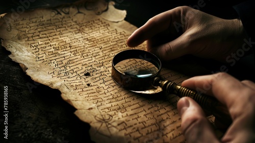 Vintage Enigma: Person Holding Magnifying Glass and Parchment AI Generated.