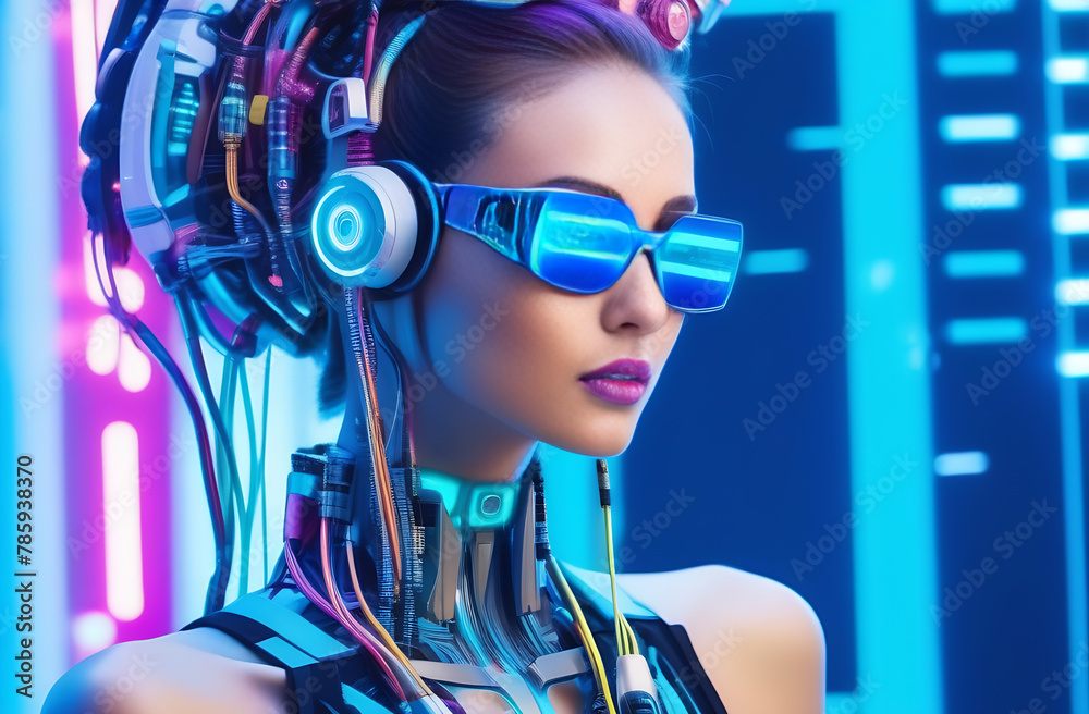 A woman in a futuristic neon suit and virtual reality glasses, the technology of the future. The concept of artificial intelligence. VR