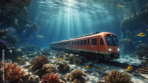 Illustration of modern train on the underwater sea