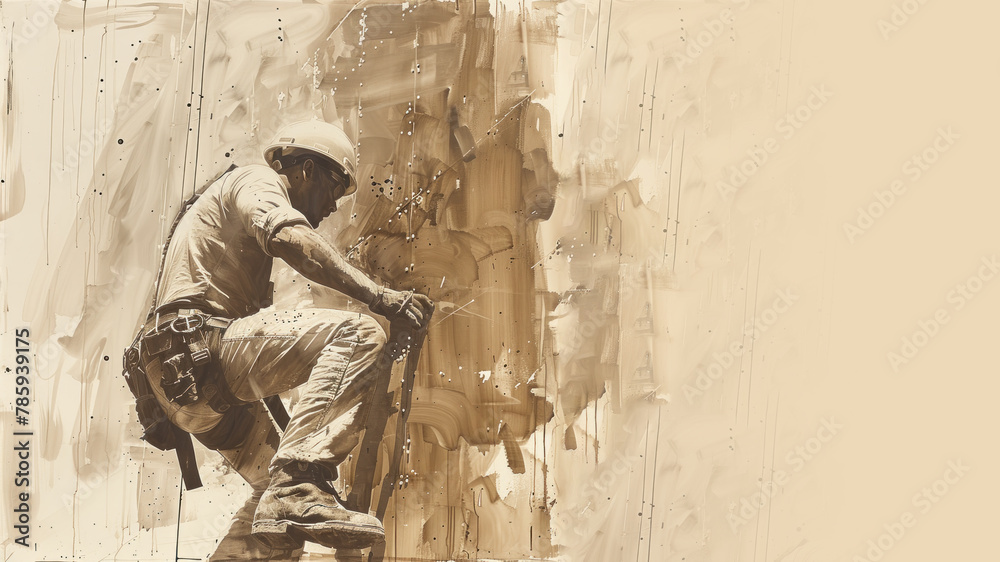 Fototapeta premium Brown sketch of a construction man on the job site, labor builder worker