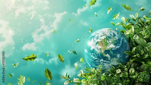 A green-themed eco concept featuring planet Earth and elements of nature