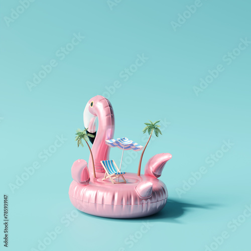 Flamingo float on blue background. Creative minimal summer concept. 3d rendering