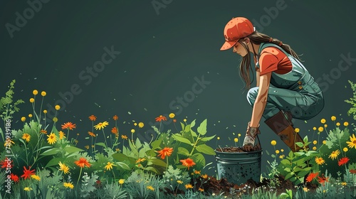 Animated depiction of a person setting up a home composting bin, brown and aqua background