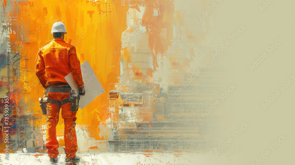 Orange sketch of a construction man on the job site, labor builder worker