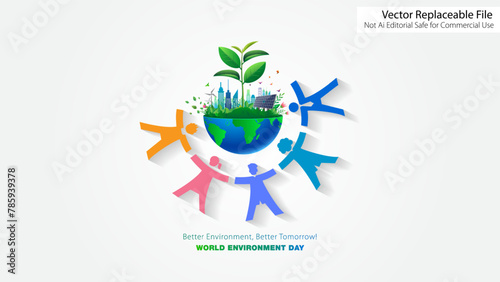 People planting tree for green clean world earth and pollution free environment. Happy world environment day vector illustration.