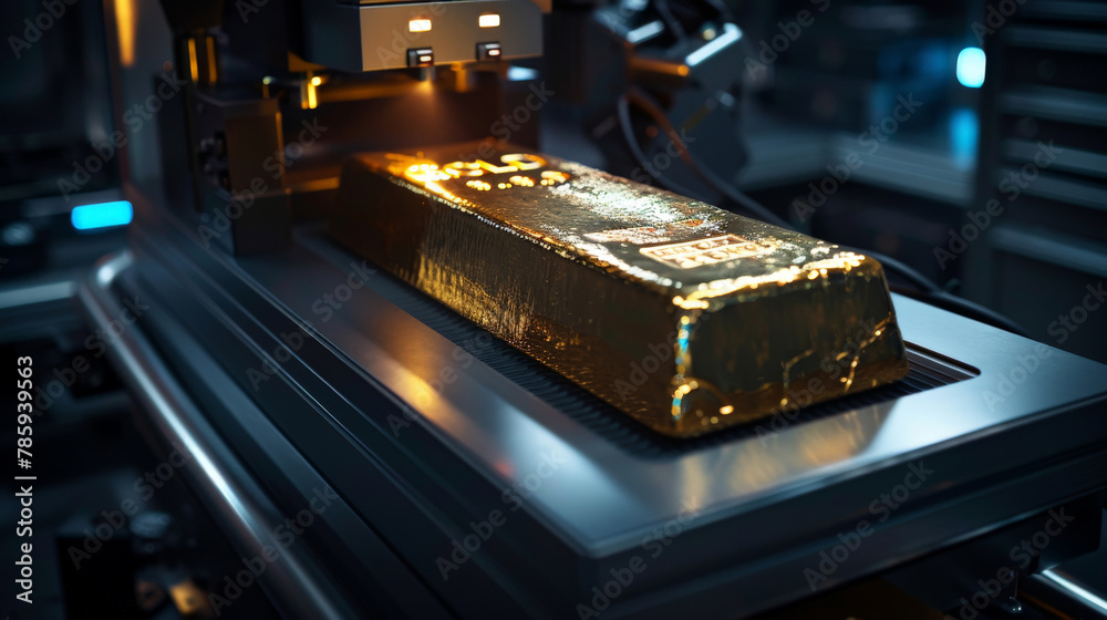 Gold Color Scanner A high-tech security scanner verifying the authenticity of a gold bar ...