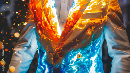 A man wearing a white suit with blue and orange flames painted on it.