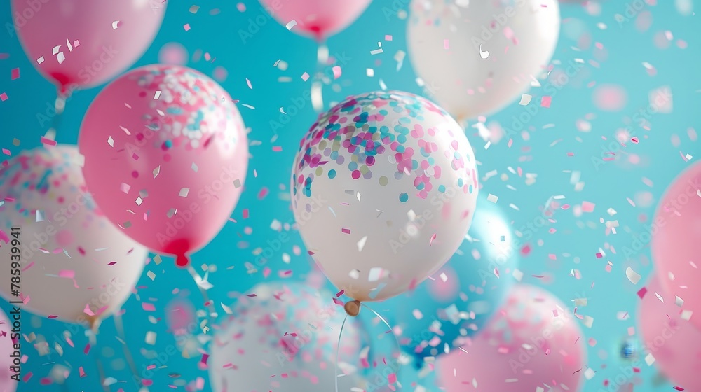 A scene filled with balloons and confetti pink, blue, and white hues