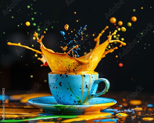 aereal shot of a coffee art over a clean coffee cup, splashes of yellow, green and blue paint behind it, black background photo