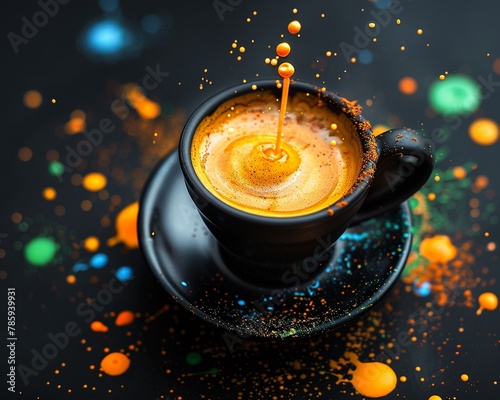 aereal shot of a coffee art over a clean coffee cup, splashes of yellow, green and blue paint behind it, black background photo