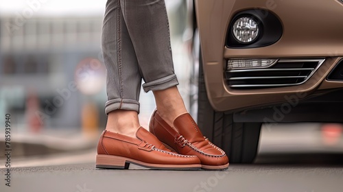 Driving shoes designed for car enthusiasts provide both style and functionality. As a woman prepares to hit the road, she switches from high heels to comfortable sneakers, ensuring a safe and comforta photo