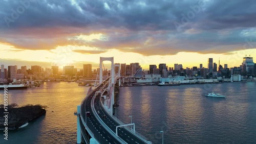 Tokyo skyline with Tokyo tower and rainbow bridge. Tokyo, Japan.