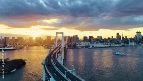 Tokyo skyline with Tokyo tower and rainbow bridge. Tokyo, Japan. photo