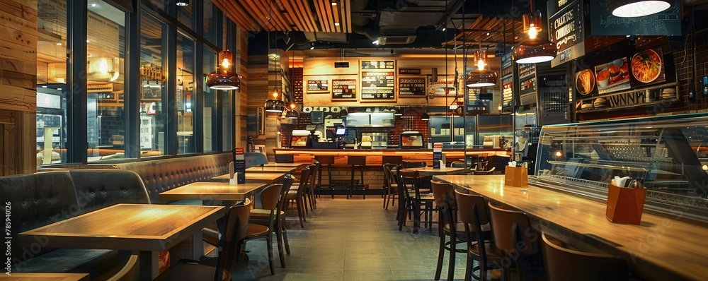 Cozy empty interior of a modern restaurant with warm lights Cozy empty interior of a modern restaurant with warm lights