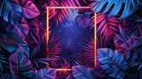 neon background and tropical leaves, using a striking color scheme of pink and orange