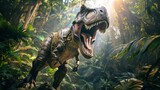 A majestic Tyrannosaurus Rex roaring in a prehistoric jungle, sunlight filtering through the lush canopy.