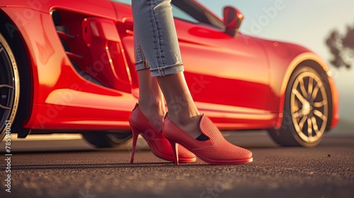 Driving shoes designed for car enthusiasts provide both style and functionality. As a woman prepares to hit the road, she switches from high heels to comfortable sneakers, ensuring a safe and comforta photo