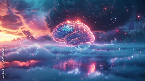 A lone AI entity depicted as a glowing brain floating in a vast digital space, contemplating the universe.