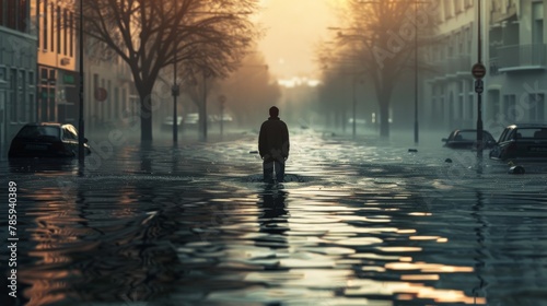 A lone figure standing on a flooded street, symbolizing the displacement of people due to rising sea levels and extreme weather events.3D rendering.