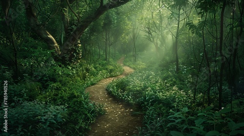 A lush forest with a meandering path leading deeper into it, symbolizing the journey of self-discovery and exploration of one's inner world.