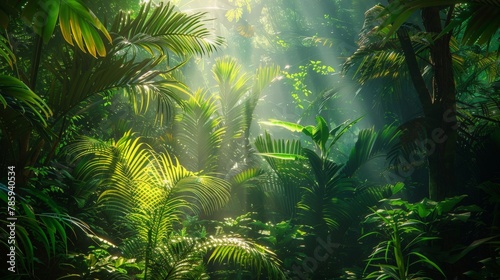 A lush rainforest canopy with sunlight filtering through the leaves  casting dappled light on the forest floor below. Include colorful birds and exotic plants.