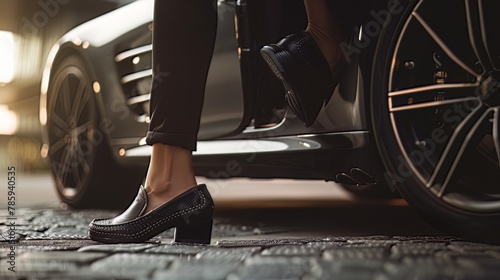 Driving shoes designed for car enthusiasts provide both style and functionality. As a woman prepares to hit the road, she switches from high heels to comfortable sneakers, ensuring a safe and comforta photo